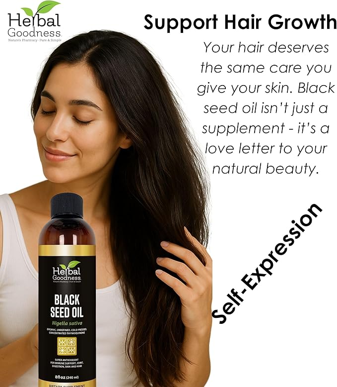 Black Seed Oil - Organic Cold Pressed Nigella Sativa Black Cumin Seed Oil with Thymoquinone Blackseed Liquid for Health Hair Growth &amp Skincare 8 fl. oz | Herbal Goodness