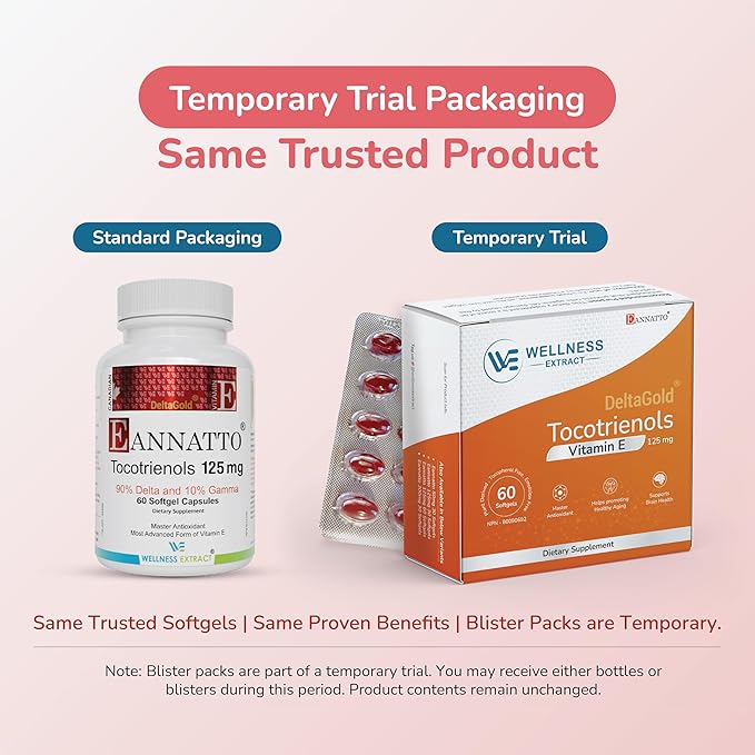 WELLNESS EXTRACT Eannatto Tocotrienols Deltagold 125mg Vitamin E Tocotrienols Supplements 60 Softgel Tocopherol Free Non-GMO Gluten Free &amp Antioxidant (Pack of 6)
