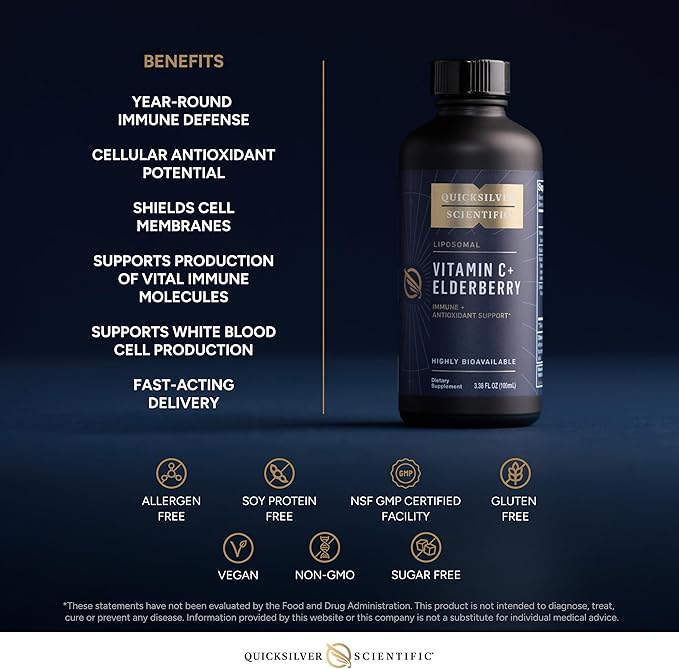Quicksilver Scientific Liposomal Vitamin C + Elderberry - 1000mg with Superior Absorption Technology &amp Tocotrienols - Antioxidant &amp Immune Support Tonic (100ml) 1 Item