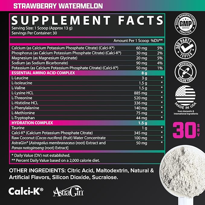 Nutrex Research EAA Hydration | EAAs + BCAA Powder | Muscle Recovery Strength Muscle Building Endurance | 8G Essential Amino Acids + Electrolytes | Strawberry Watermelon 30 Serving