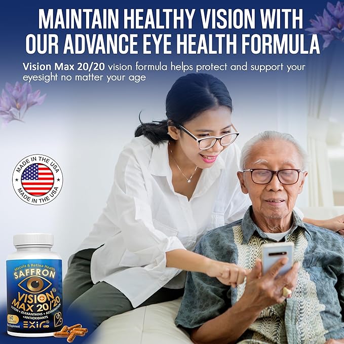 EXIR Eye Vitamin Supplement | Saffron Curcumin Astazanthin - Supports Eye Health Visual Comfort &amp Focus VM20-60 Capsules