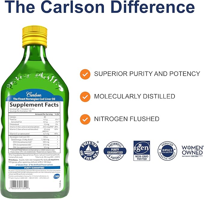 Carlson - Cod Liver Oil 1100 mg Omega-3s Plus Vitamins A &amp D3 Wild Caught Norwegian Arctic Sustainably Sourced Nordic Fish Oil Liquid Lemon 500 mL (16.9 Fl Oz)