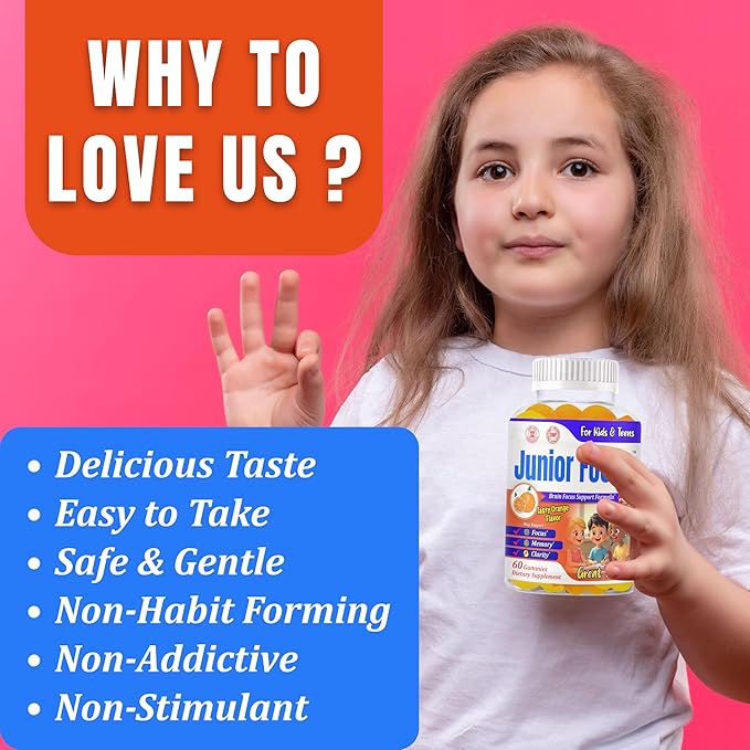 Focus Gummies for Kids and Teens – Kids Omega 3 Brain Support Gummies Vitamins for Kids – Brain Focus Supplements Kids Vitamin Gummies – Orange Flavor 60 Gummy Vitamins for Teens