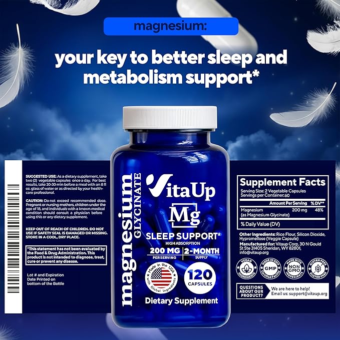 VitaUp Magnesium Glycinate 200mg - USA Made Highly Absorbed Non-GMO Magnesium for Relaxation Deep Sleep Bones &amp Heart - 200mg per Serving 120 Vegan Capsules
