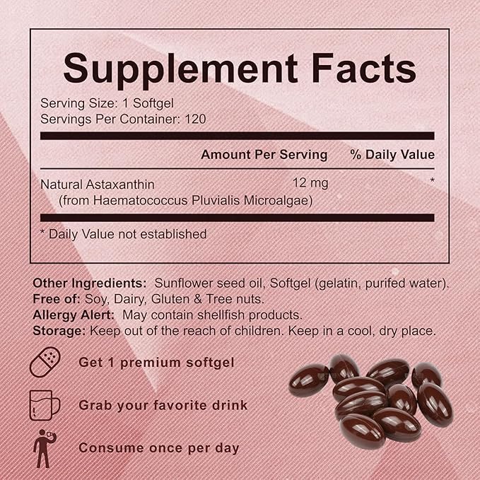 Astaxanthin 12mg Natural Antioxidant Supports Immune Fresh Microalgae for Skin Eye and Internal Circulation Health 120 Softgels (01 01#)