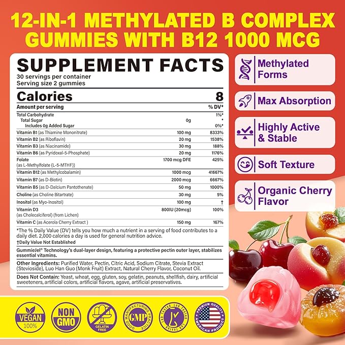 Methylated B Complex Vitamins Gummies 12-in-1 Formula + Methyl B12 1000 mcg 5-MTHF Methylfolate Inositol Choline Vitamin C D3 Multivitamin B Complex for Women &amp Men Energy Focus 60cts