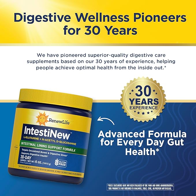 Renew Life IntestiNew Intestinal Lining Support Formula Powder Supplement Supports Digestive Health L-Glutamine Dairy Soy and gluten-free 5.7 oz.