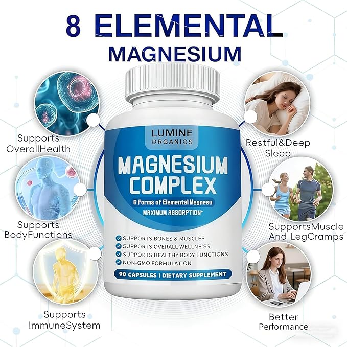 2PCSLumine Organics Magnesium Complex Supplement 1000mg - Advanced 8-in-1 Magnesium Blend - Glycinate Citrate Malate Taurate etc.– High Absorption Formula – Non-GMO 90 Capsules (2)