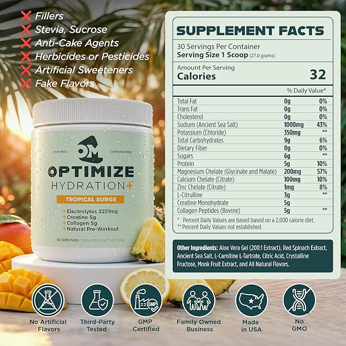 Optimize Minerals Tropical Surge Hydration | All in-One Supplement Pack Ionic Trace Mineral Blend Electrolyte and Micronutrient Support