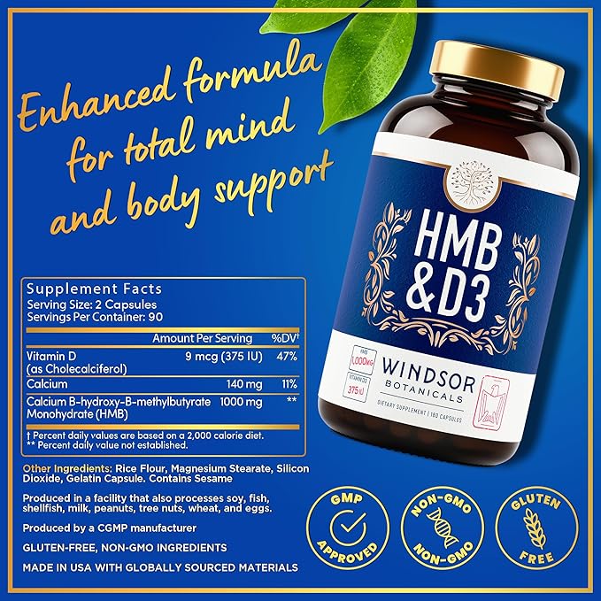 HMB and Vitamin D3 Supplement - Muscle Growth Strength Performance and Recovery Support - B-Hydroxy B-Methylbutyrate D3 Plus Calcium 1000 MG HMB Supplements - 180 Days 360 Capsules