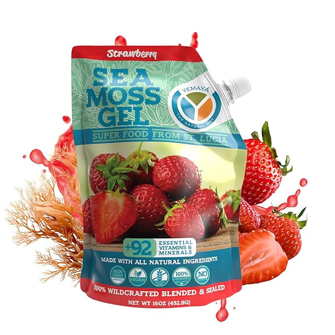 Yemayá Organic Sea Moss Gel Organic Raw | Wildcrafted Seamoss Gel Enhanced with Real Fruit Supports Immunity Energy Digestion Hair Skin &amp Nails | 16 oz Strawberry Flavor
