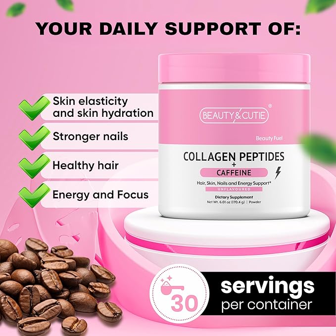 Collagen Peptides with Caffeine 200 mg Powder Grass Fed for Hair Skin Nails and Energy Support Gluten Free Unflavored 6.01 oz