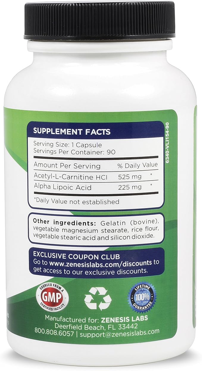 Zenesis Labs Acetyl L-Carnitine with Alpha Lipoic Acid Bulk 3-Bottle 270 Capsule Supply (90 Capsules/Bottle)