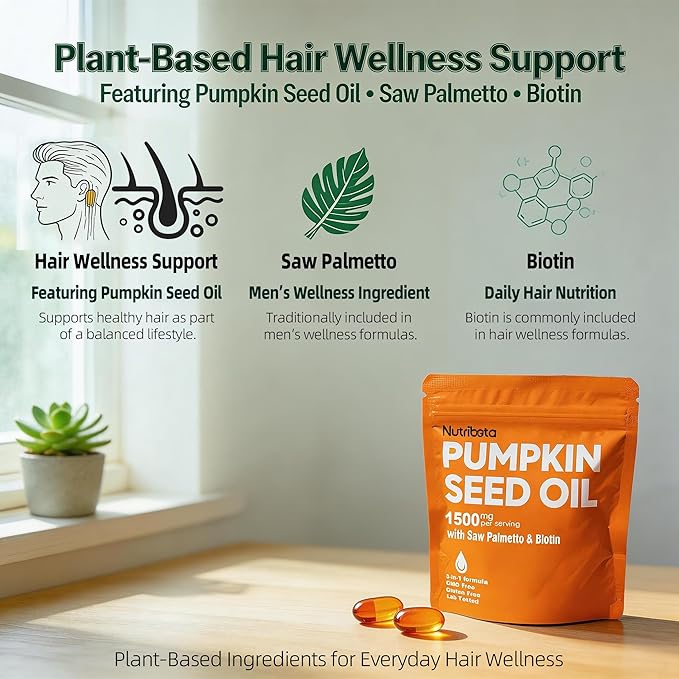 Pumpkin Seed Oil Supplement 1500 mg per Serving with Saw Palmetto &amp Biotin Advanced 3-in-1 Plant-Based Men’s Wellness &amp Hair Nutrition Formula Non-GMO Gluten Free Lab Tested Softgels