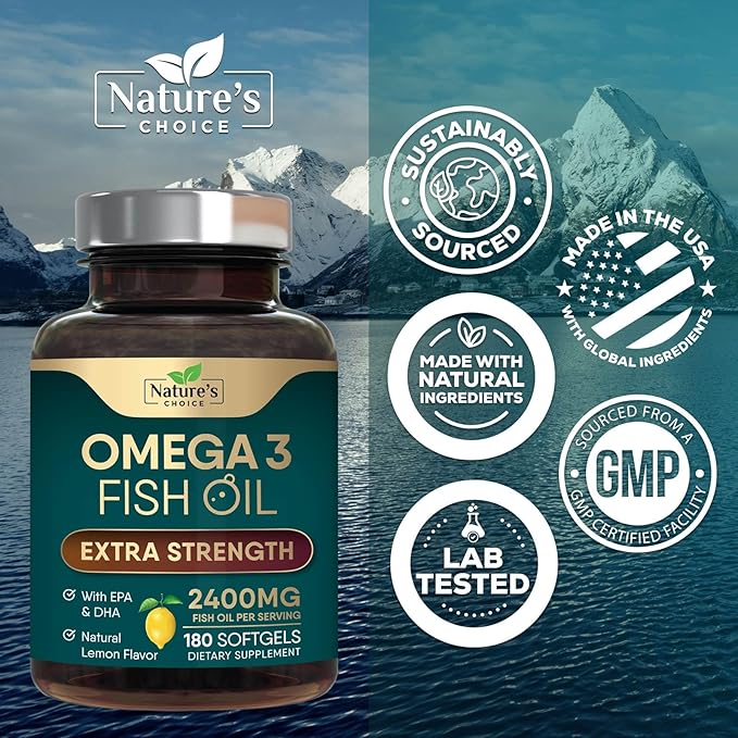 Omega 3 Fish Oil Supplements - 2400mg Fish Oil Per Serving - Triple Strength Omega-3 with Fatty Acids EPA &amp DHA - Natural Heart Brain &amp Immune Support - Wild Caught Bottled in USA - 180 Soft