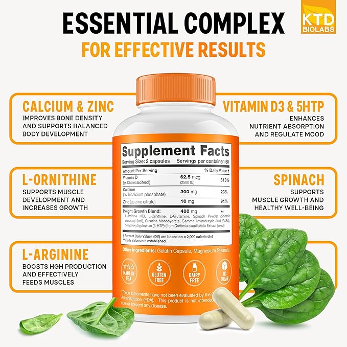 Pack of 2 Height Growth Maximizer - Made in USA - Natural Height Increase Booster &amp Teen Vitamins - Pills to Grow Taller at Any Age - Bone Growth Supplement for Adults &amp Kids - 120 capsules