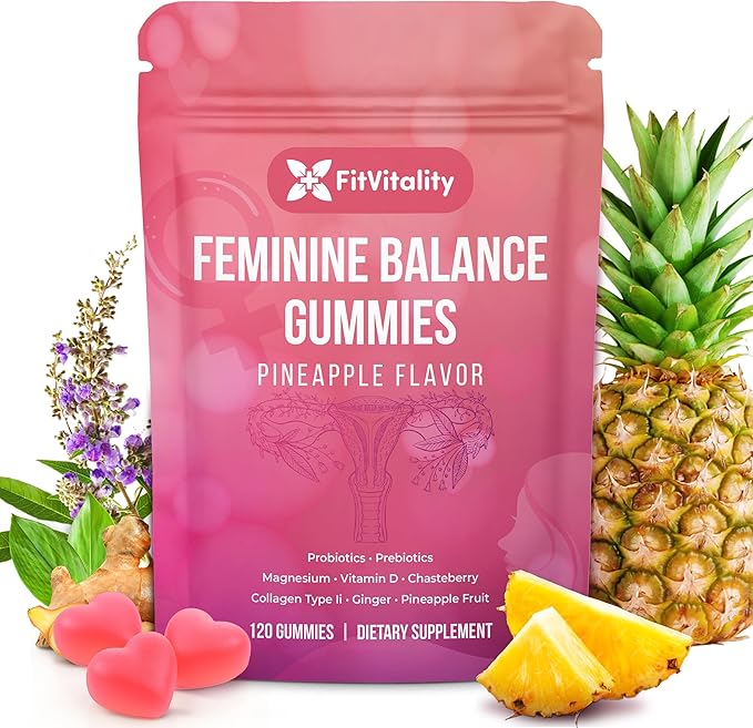 Premium 120 Feminine Balance Gummies – Probiotics Collagen Type II Chasteberry Vitamin D &amp Magnesium – Gluten-Free Pineapple Flavor Vegan