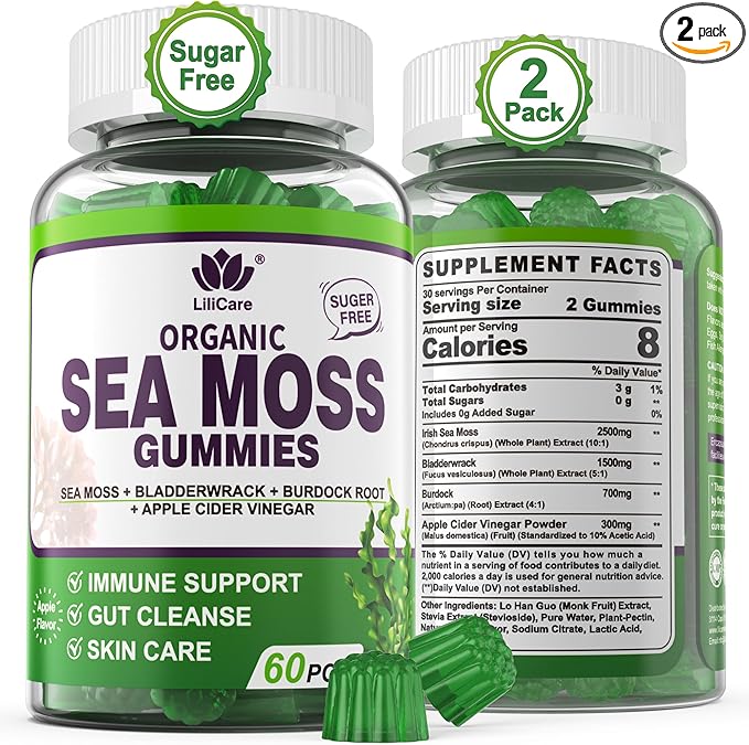 (2 Pack) Sea Moss Gummies - Irish Sea Moss Gummies for Adults &amp Kids - Advanced Superfood Seamoss Supplement + Bladderwrack Burdock Root ExtractACV for Daily Immune Gut Cleanse Vegan Sugar Fr