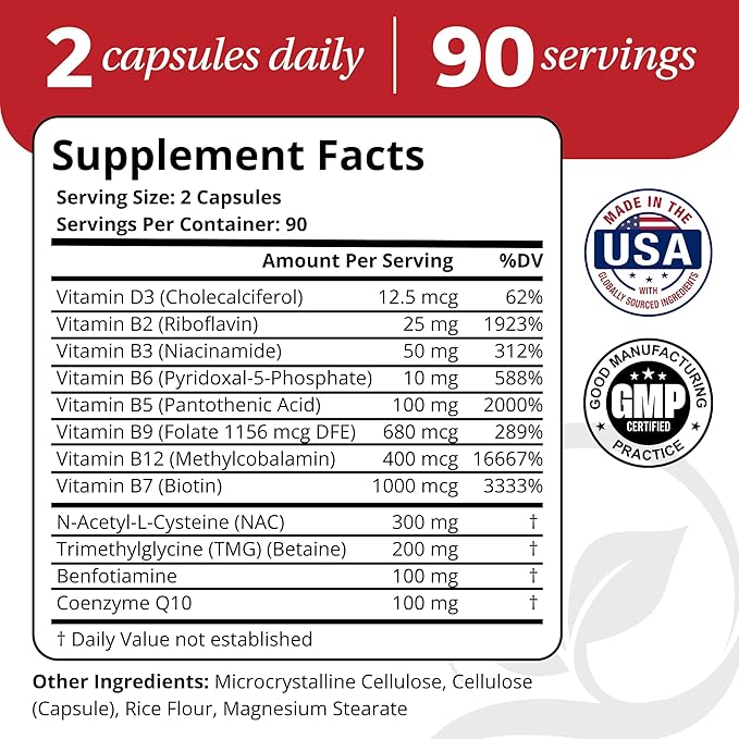 Vascular Control – NAC CoQ10 Benfotiamine Betaine (3 Month Supply) Circulation Heart Health Energy &amp Endurance Support – Antioxidant B Vitamins Supplement