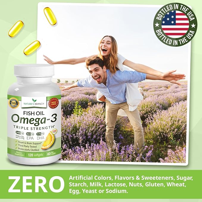 Triple Strength Omega 3 Fish Oil Supplements 2400mg | 120 Capsules Burpless High Potency Lemon Flavor High EPA DHA for Men &amp Women Ultra Pure Softgels | Joint Support Eyes Heart Brain Health P