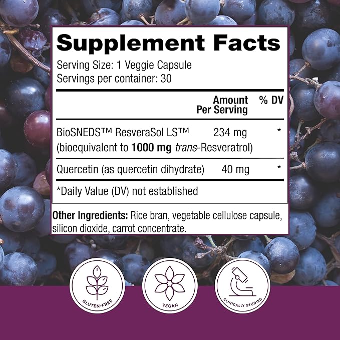 Reserveage Beauty Resveratrol Plus+ 1000 mg - Rapid-Release Resveratrol Capsules with Quercetin for Immune System Brain Health &amp Cellular Health - Gluten-Free &amp Vegan - 30 Veggie Capsules