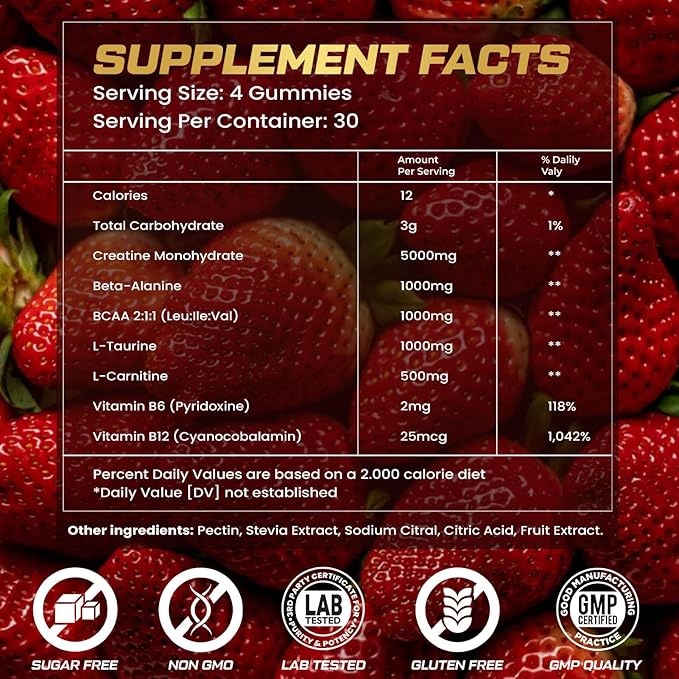 Creatine Monohydrate Gummies for Men &amp Women 9000MG Creatine Gummies Sugar Free with L-Taurine BCAA 2:1 B12 B6 for Boost Strength Focus &amp Endurance Vegan Non-GMO Strawberry 120pcs