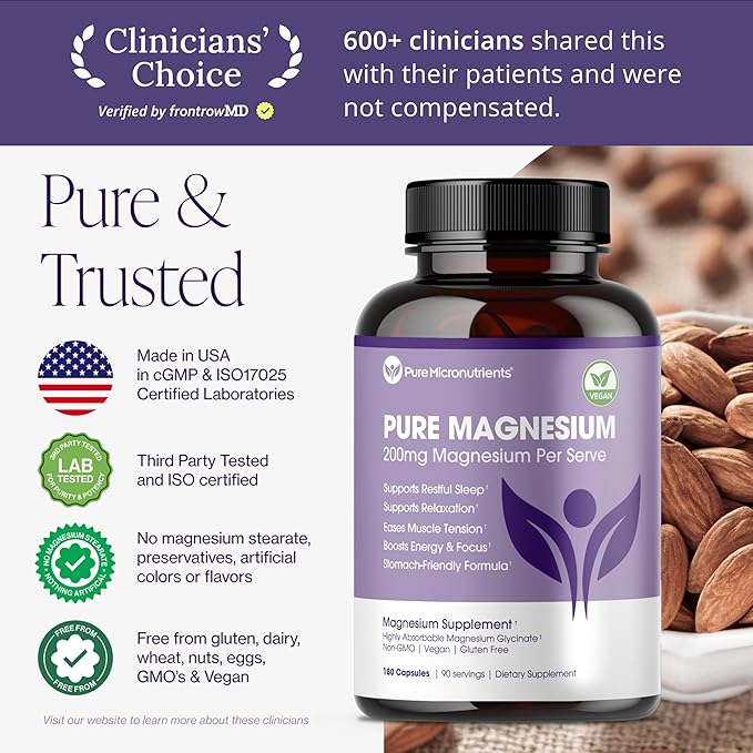 Pure Magnesium Glycinate Supplement – Highly Absorbable Chelated Magnesium to Support Sleep Muscle &amp Nerve Health Energy Relaxation &amp Bone Health – 200mg Per Serving 180 Capsules