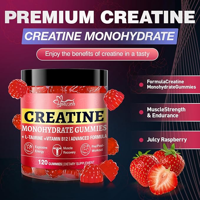 Creatine Gummies for Women &amp Men Low Sugar Creatine Supplements Help Build Muscle Creatine Monohydrate Gummies Raspberry Flavor Supports Muscle Growth and Enhances Strength 120 Count