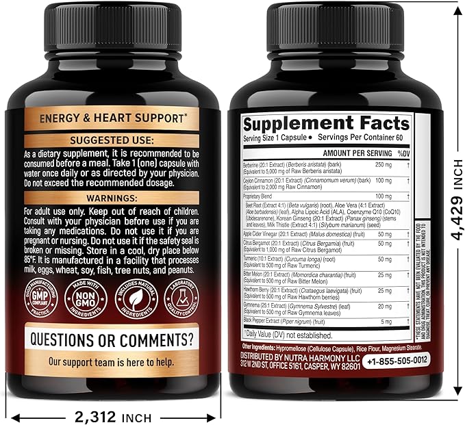 Berberine with Ceylon Cinnamon | Bitter Melon (Karela) | Apple Cider Vinegar | Hawthorn Berry | Citrus Bergamot | Turmeric - 15-in-1 Supplement for Heart Support Metabolism &amp Energy - 60 Capsules