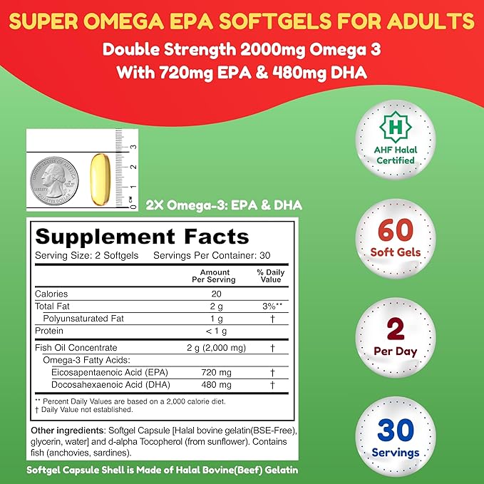 SHIFAA NUTRITION Halal Fish Oil Softgels 60 Ct Double Strength - Halal Omega 3 Fish Oil Supplements. Wild Caught Non-GMO &amp Purified