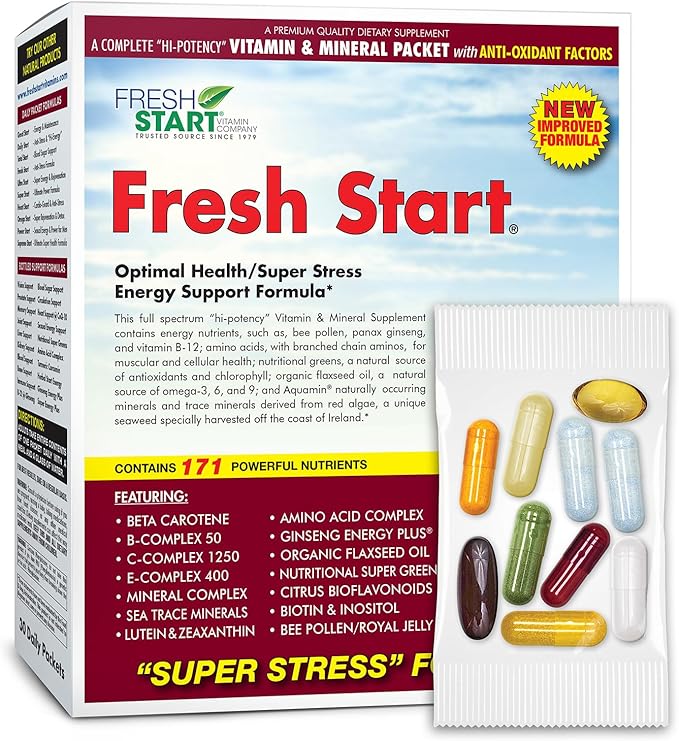 Fresh Start All-in-One Daily Vitamin Pack - Stress &amp Mood Support - Ashwagandha Panax Ginseng Adaptogens B-Complex &amp Super Greens - 30 Day Supply