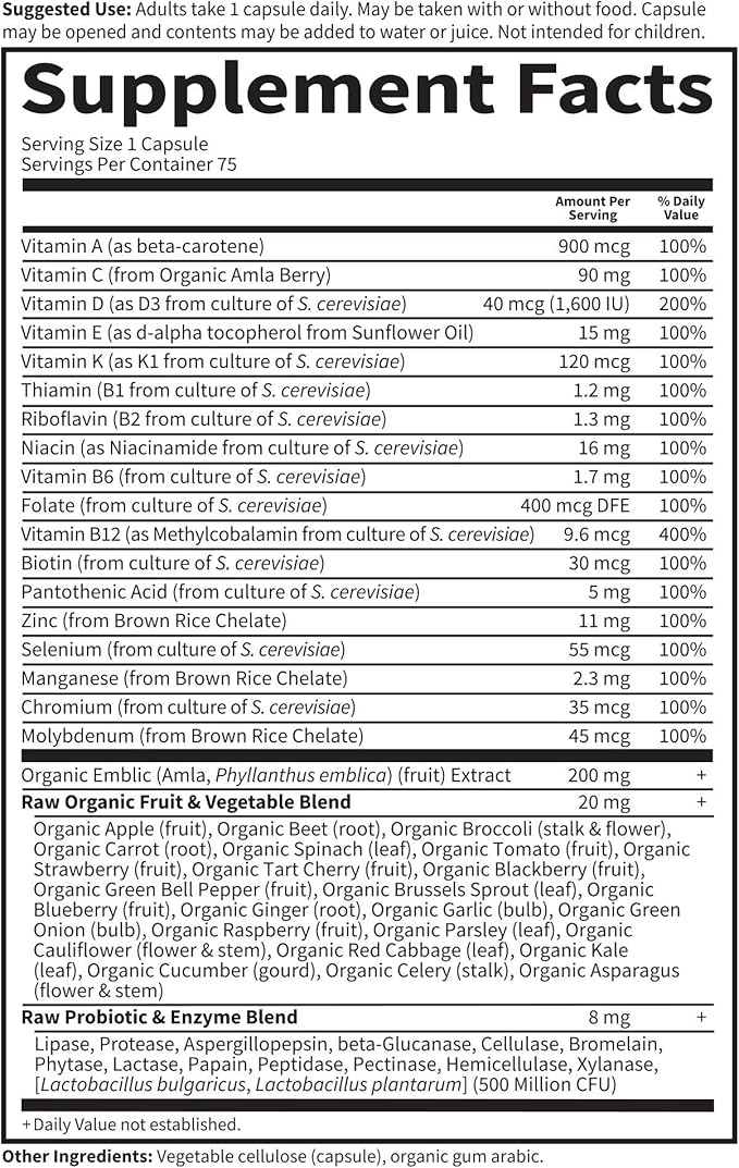 Garden of Life Vitamin Code Raw One for Men Once Daily Multivitamin 75 Capsules One a Day Mens Vitamins Plus Fruit Veggies &amp Probiotics for Mens Health Vegetarian Multivitamins