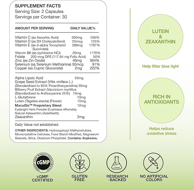 EyeScience – Macular Health Formula – Capsules – Complete Nutritional Supplement for Eye Health - Contains Lutein Zeaxanthin Vitamin C D E &amp B6 (60 Count (Pack of 1))