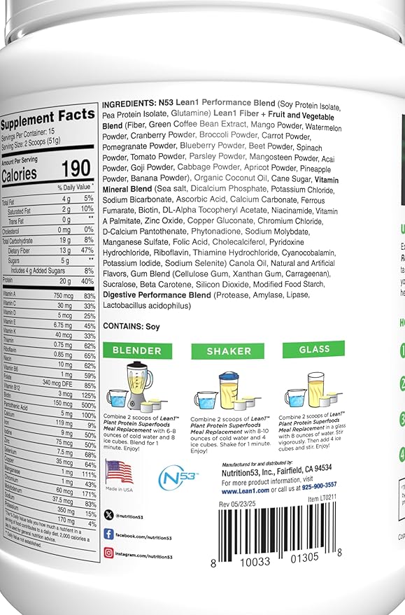 Lean1 Plant-Based Protein Powder Meal Replacement Banana Flavor 15 Serving
