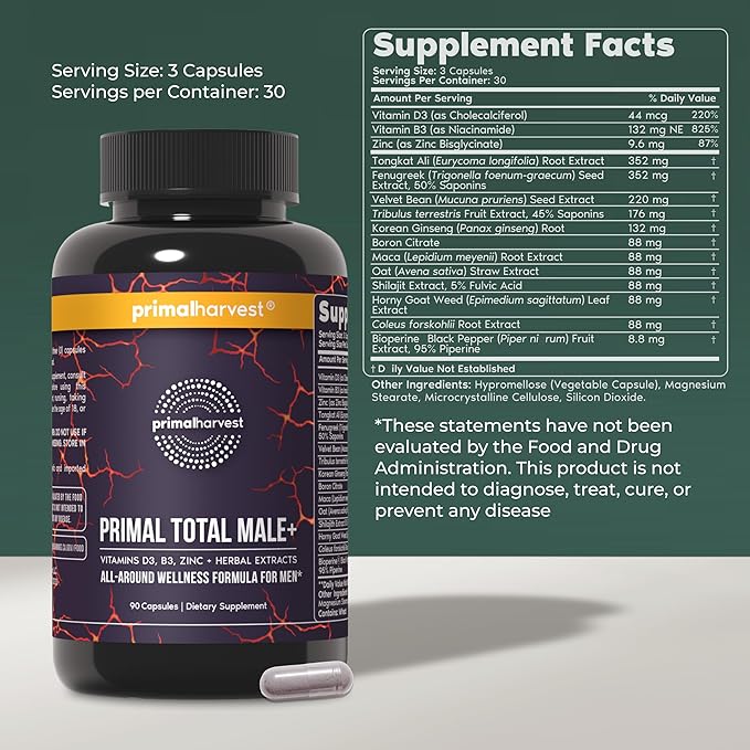 Primal Creatine Powder + Total Male+ Supplement Bundle | 2-Pack | Strength Energy &amp Vitality Support | 30 Servings Each