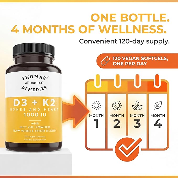 Thomas' all-natural Remedies D3 + K2 with MCT Oil for Better Absorption &amp Raw Whole Food Blend 1000 IU D3 Vegan Made in USA Support for Your Heart Bones &amp Teeth Non-GMO (120ct)