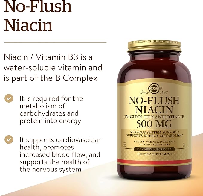 Solgar No-Flush Niacin 500 mg 250 Vegetable Capsules - Supports Energy Metabolism - No-Flush Delivery - Vegan Gluten Free Dairy Free Kosher - 250 Servings