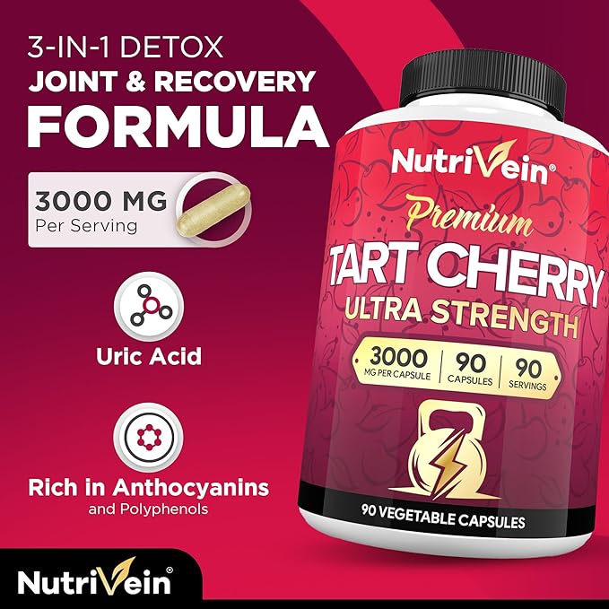 Nutrivein Premium Tart Cherry 500mg &amp Apple Cider Vinegar 1600mg Bundle - Muscle Recovery &amp Uric Acid Cleanse Plus Digestion Support &amp Weight Management - Non-GMO Vegan/Vegetarian - 90 +