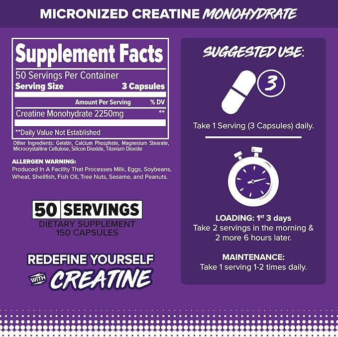 FINAFLEX PURE CREATINE - 150 Capsules - Promotes Muscular Strength Size &amp Performance - 100% Pure Micronized Creatine Monohydrate - NSF Certified - 50 Servings