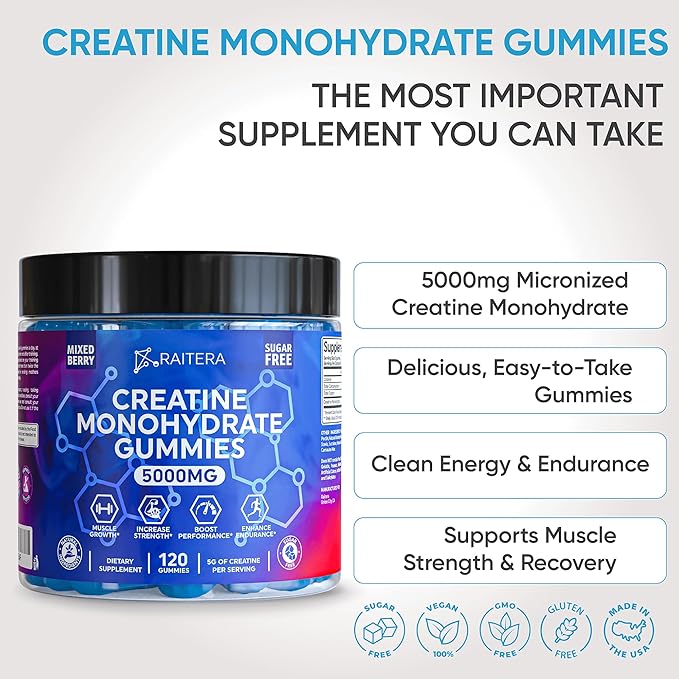 Creatine Monohydrate Gummies 5000mg for Men and Women Only 3 Gummies Per Serving Vegan Creatine Chews for Muscle Growth Muscle Endurance Workout Recovery Zero Sugar Easy to Digest No Bloating