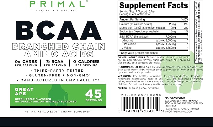 Primal BCAA Powder Great Ape (45 SERV) (Green Apple Flavored) - 0 g Carbs 0 Calories 7g BCAA Per Serving