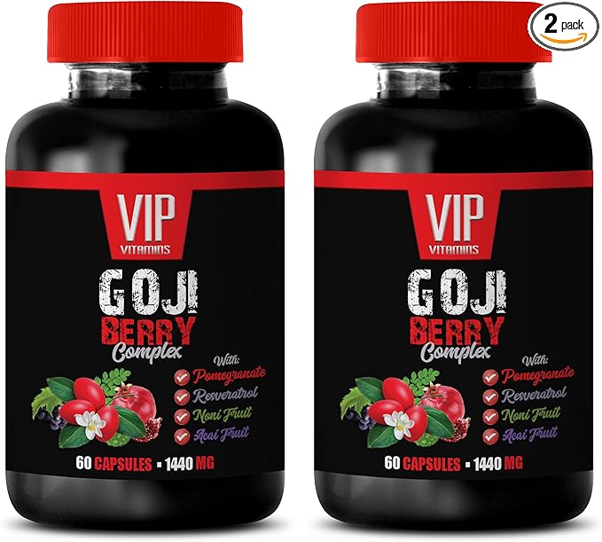 antioxidant supplement - GOJI BERRY COMPLEX - WITH POMEGRANATE RESVERATROL NONI ACAI - Pomegranate vitamin e for skin - antioxidant nutritional supplements - antioxidants vitamins - 2 Bot 120 Caps