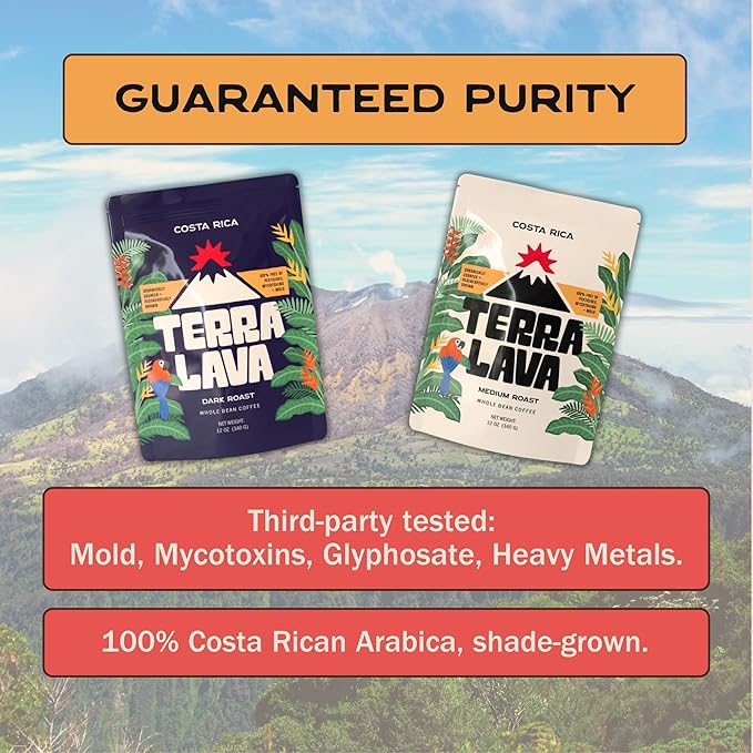 Terra Lava Coffee – Dark Roast Whole Bean Coffee Single-Origin Costa Rican Arabica Volcanic Soil Grown Honey-Processed Tested for Mold &amp Mycotoxins 12 oz