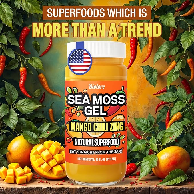 Biolore Mango Chili Zing Sea Moss Gel 16 oz - No Added Sugar Vegan Made in USA - Wildcrafted Sea Moss Superfood with 92 Essential Vitamins - Ready to Use No Prep Needed