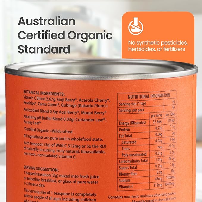 Eden Healthfoods Organic Vitamin C Powder - Pure Wild-Harvested Vitamin C Non-Toxic and Natural 150g Wild C