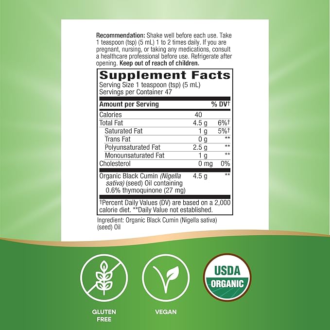 Nature's Way Organic Black Seed Oil Supports Antioxidants Pathways* Cold-Pressed Vegan Gluten Free 8 fl oz (Packaging May Vary)