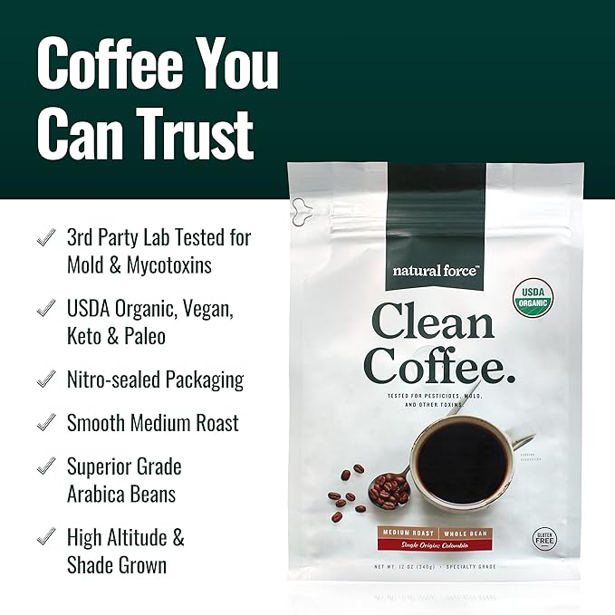 Natural Force Organic Clean Coffee + Collagen Peptides + Organic MCT Oil Bundle – Toxin Free Coffee Grass Fed Collagen &amp MCTs - Non-GMO Keto &amp Paleo - 12 Oz 11.7 Oz 32 Oz