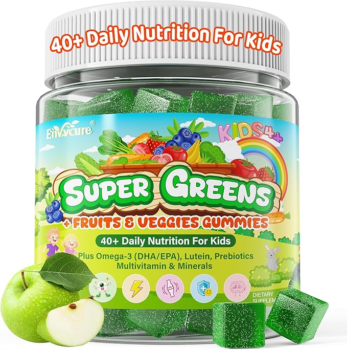Kids Super Greens Gummies w/Multivitamins 20+ Veggie Fruit Prebiotics Calcium Omega-3 (DHA/EPA) Kids Vitamins Greens Superfood Gummies for Picky Eaters Growth Energy Immune Digestion 1 Pack