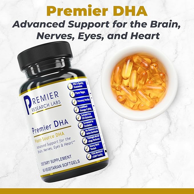 Premier Research Labs Premier DHA - Vegan DHA with Omega 3 Fatty Acids Algae Based DHA for Women &amp Men Natural DHA Supplement Suitable for Vegans- 60 Vegetarian Softgel Capsules