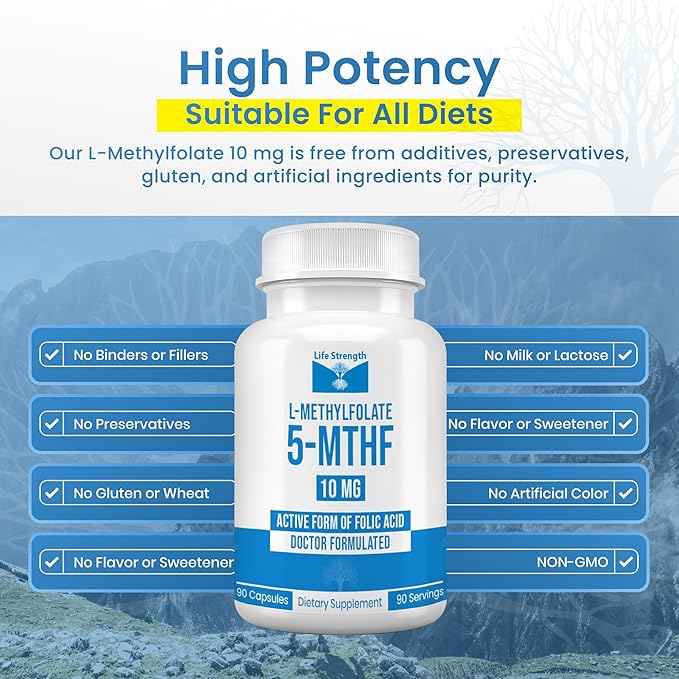 L Methylfolate 10mg | 90 Capsules | Optimized &amp Highly Bioactive Methyl Folate Supplement | 5-MTHF Supports for Energy Focus &amp Mood | Non-GMO Gluten Free Vegan | 3 Month Supply